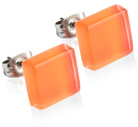 Kleine Ohrstecker mit Stein in orange • Flache Upcycling Ohrringe • Nickelfreie Stecker aus Edelstahl • Nachhaltiger Schmuck • 10mm x 10mm x 3mm
