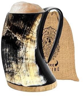 Viking Horn Mug - 100% Authentic 16-20oz Ultimate Unique Handmade Viking Ox Horn Norse Mug for Hot & Cold Drinks-Gift for Men and Women- Food Grade Medieval Style Man's Beer & Mead Cup…