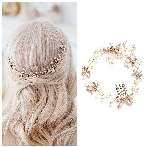 Haarschmuck Hochzeit für Bräute, Gold Blatt Perle Kristall Brautkamm Hochzeits Haarschmuck Vintage Brautschmuck Braut Haarband für Frauen und Mädchen