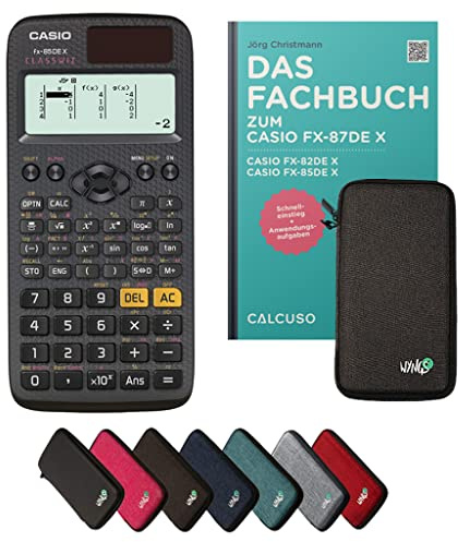 Casio fx-85DE X Incl. Funda Protectora Gris Oscuro y Libro especializado (80 páginas, DIN A5) – Calculadora científica – Smart Set (Alemán)