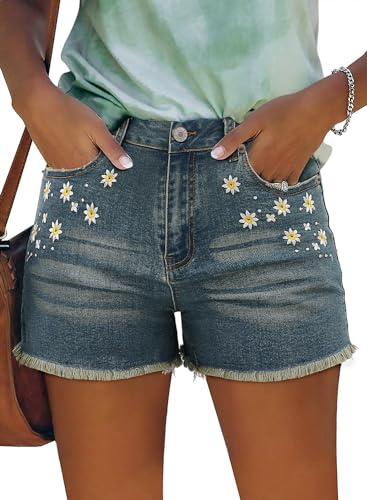 StunShow Jeans Shorts for Women Frayed Raw Hem Stretchy Jean Shorts Women's Mid Rise Denim Shorts B2-Deep Retro