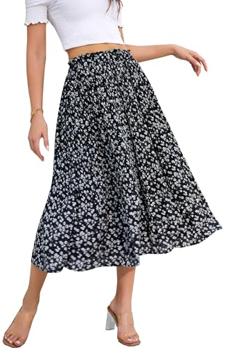 Hotouch Damen Lang Plisseerock Elegant Chiffon Rock Elastische Taille Midirock Frühling Sommer Strandrock mit Tasche Weiße Blume Größe M