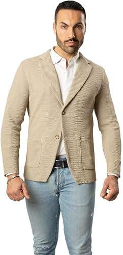 Blazer in Cotone, Giacca Jacket da Uomo Slim Fit - Punto Cucitura Chicco di Riso - Artigianale, Made in Italy - Casual, Classica Sportiva (IT, Testo, XXL, Regular, Regular, Fieno)