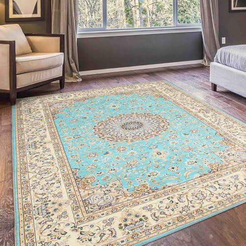 Betadistor Grande tappeto vintage, 120 x 160 cm, lavabile in lavatrice, per soggiorno, antiscivolo, stile bohémien, per camera da letto, sala da pranzo, beige e azzurro, 305-04120