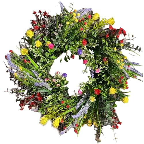 Dörrkrans, ytterdörrskransar för sommaren 40 cm konstgjord vildblomma kranshängare för ytterdörr blomma girlang dekorationer för hem fönster vägg bröllopsfest dekor sommarkrans konstgjord W