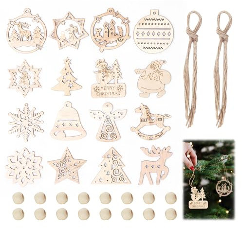 Pack of 16 Wooden Christmas Tree Decorations, Hanging Natural Wood Festive Christmas Tree Ornaments, Laser Cut Wood Pendants for Festive Holiday Decor, with Jute Strings (7 cm)