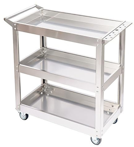 Carro de servicio de acero inoxidable de 3 niveles, carro de servicio pesado de 990 lb, carro de herramientas con ruedas, carro de trabajo de metal comercial para mecánicos, talleres, almacenes, con