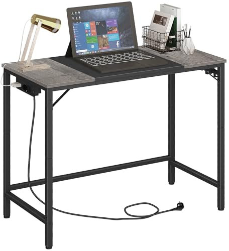 HOOBRO Schreibtisch, Computertisch mit Steckdosenleiste, moderner Studiertisch mit 3 Haken, für Arbeitszimmer, Büro, robust und stabil, einfache Montage, Anthrazitgrau und Schwarz EBC40CDN01