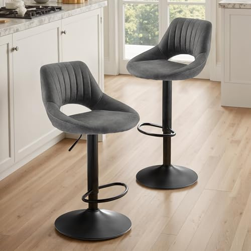 Zouron Tabouret de Bar Vintage Lot de 2, Tabouret Bar Industriel en Similicuir, Hauteur Réglable et Pivotant 360°,Chaise de Bar avec Repose-Pieds,Chaise de Cuisine,Grand siège (54.5 * 50.5cm),Gris
