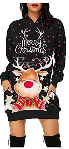 Robe De Noël Femme- Pull De Noël Famille- Moche Sweat À Capuche Hiver Chaude Poche À Manches Longues Pull Noel Wapiti Pullover Noël Chic Moche Sweat Imprimé Noël Élégant Robe De Noel Robe Noël