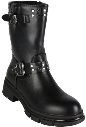 Solada Bottines Biker pour femme avec clous, Noir , 39 EU