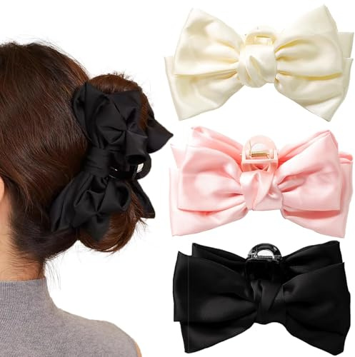 Paotxpum 3 PCS Large Bow Hair Claw Clips, 5.9 Inch Elegant Satin Ribbon Design for Women with Long Thick Hair in Black, White, and Pink