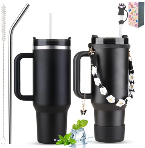 40 oz Tumbler Insulated Mug w/Straw & Flip Cap Lids - Cup Holder Bottle mit 6 Accessoires Set für heiße, kalte Getränke - Auslaufsicher - Wasser, Kaffee Portable Travel Mug (Mitternachtsschwarz)