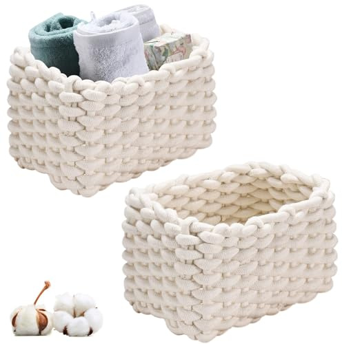 Aufbewahrungskorb, 2 Stück Baumwollseil Geflochten, 19x15x12cm Geflochten Baumwolle Strickkorb, Cotton Rope Braided Storage Basket, Aufbewahrungskorb Geflochten, für Schminke, Schmuck, Socken(Weiß)