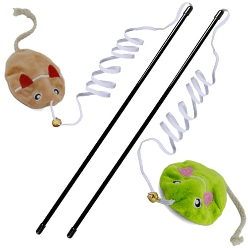 URMYONLY Interactive Cat Toy Wand with Catnip Mouse, Cat Teaser Wand Rainbow String for Bored Indoor Adult Cats and Kittens (2 Pack Mouse)