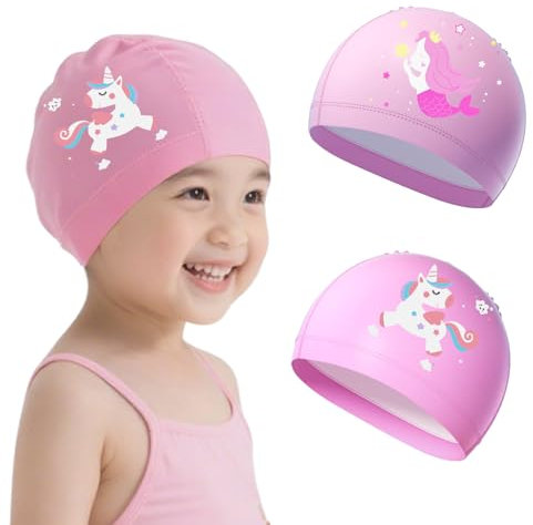2Stück Badekappe Mädchen Wasserdichte Badekappe Kinder für 3-10 Jahre Hochelastisch Haarschutz Schwimmmütze Badehaube Kinder mit PU Beschichtet Schwimmkappe Schwimmhaube Mädchen für Langes Kurzes Haar