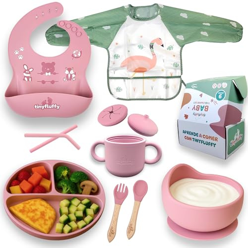 Tinyfluffy - Vajilla Bebe Silicona - Cubiertos Bebe 6 Meses - Platos Bebe Ventosa - Blw Utensilios - Vajilla Infantil - Alimentacion Complementaria Bebe - Cubiertos Infantiles - Babero Silicona Rosa