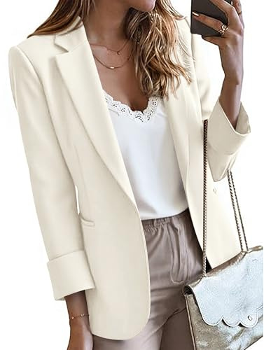 KIRUNDO Blazers for Women Business Casual Long Sleeve Open Front Lapel Suit Jackets Office Work Blazer Pockets Fall Clothes(Beige, X-Large)
