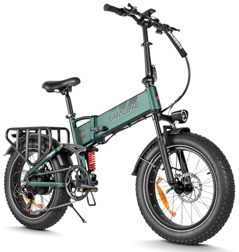 SAMEBIKE Folding electric bicycle for Adults, Fat Tires 20×4.0 mountain E-bike with 48V 15AH Removable Battery, 7-Speed Gear, PAS Max Range 100 KM, Off-road Bike with Dual Suspension