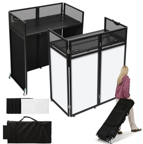 SMONTER Mesa de DJ portátil con ruedas, 108 cm × 53 cm, soporte para DJ con patas ajustables, dos scrims de colores y bolsa de transporte, fachada plegable para DJ para bodas, fiestas, DJs móviles