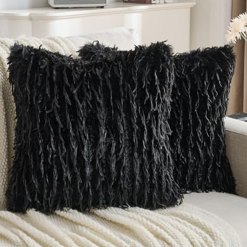 YSTELLAA Funda Cojin 45x45 Sensación de Pluma, Juego De 2, Negro | Cushion Covers Efecto Pluma, Cremallera En Forma De Corazón, Cuadrada, Decorativas Hogar para Sofá Silla Cama Sala