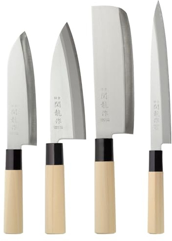 MBH - Set di 4 coltelli giapponesi professionali in acciaio SUS 420J2, kit di posate tradizionali con manico in legno di pioppo, include Santoku, Deba, Nakiri e Sashimi - Made in Japan