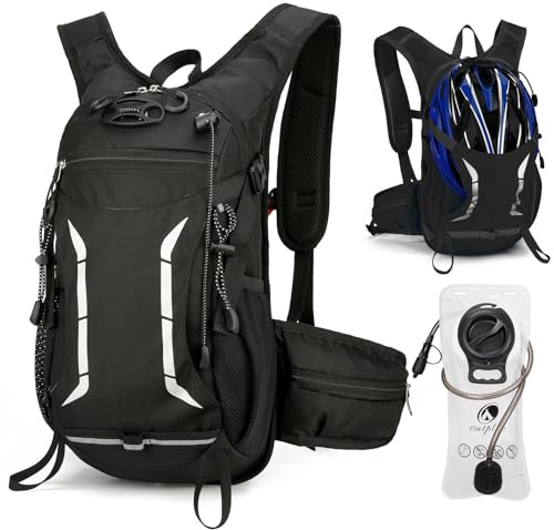 Outplea 15L Cycling Backpack with 2L Water Bladder, MTB Backpack with Helmet Holder, Lightweight Hydration Pack for Bicycle Motorbike Skiing Hiking, Black