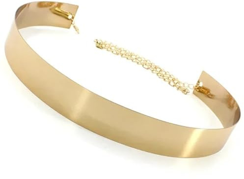 NDSJAIE Kedjebälte justerbart metallbälte för kvinnor, brett och modernt, silverguld, med glitterplatta, spegeleffekt, midjekedja för klänning, Guld 3 5 cm, 115CM