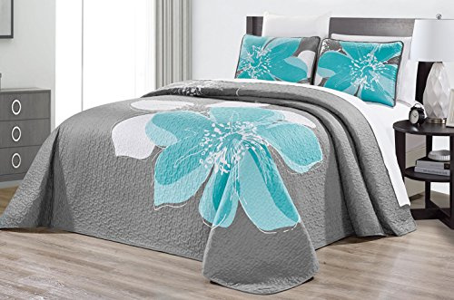 Grand Linen - 3-Piece Fine Printed (90 X 88) Quilt Set Reversible Bedspread Coverlet (Double) Full Size Bed Cover (Aqua Blue, Grey, White Hibiscus Floral)