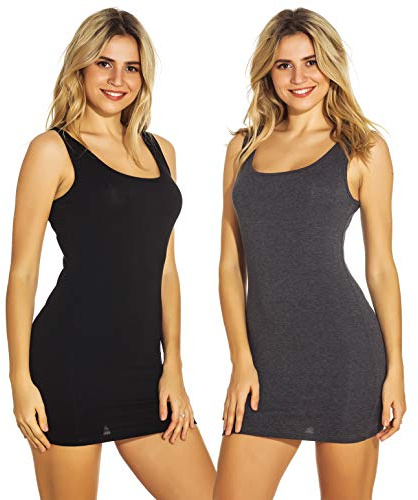 Mcilia Women's Fine-Ribbed Stretch Soft Vest Long Tank Top 2-Pack Black/Dark Grey Medium (US Size 6 8)