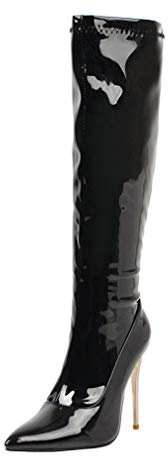 Birdsight Chaussures Botte Genou Femme Boots Longue Talon Haut 10CM Aiguille Bout Pointu Vernis Zip Chaud Eclair Winter Bootie Thigh High Stiletto Sexy(Noir,39)