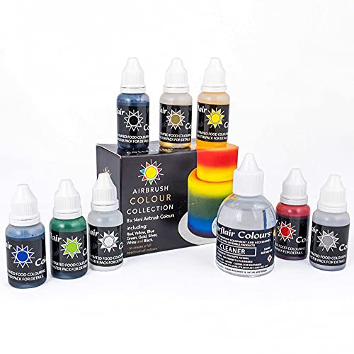 AOS Set | Sugarflair Set Airbrush Farben 8x 14ml + Reiniger 1x 60ml | Hochkonzentriert für Backen Kuchen Torten Fondant Macronen u.m. | Lebensmittelfarbe Set Food Coloring