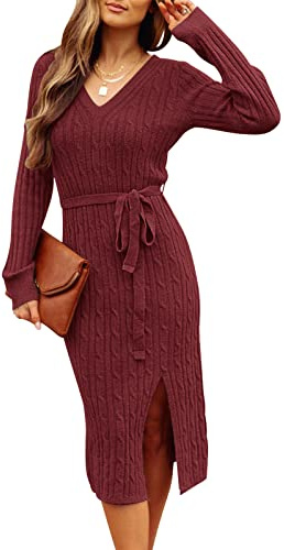 MEROKEETY Women's 2025 Fall Long Sleeve Bodycon Sweater Dress Winter V Neck Cable Knit Slit Midi Dresses, Burgundy, M