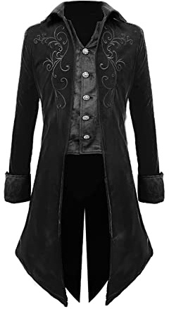 Crubelon Men Steampunk Tailcoat Jacket Gothic Medieval Victorian Frock Coat, Black, X-Large
