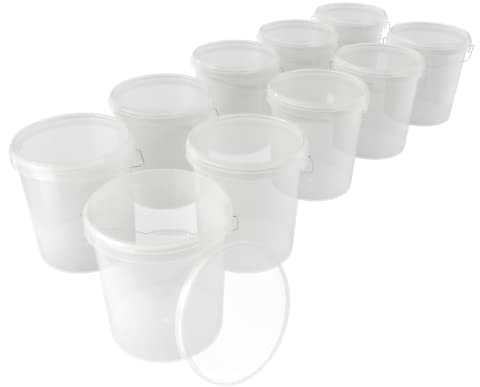 10x Cubo con tapa de 16 litros transparente - apto para alimentos, hermético y estable, cubo vacío con asa y tapa de cierre para alimentos, productos químicos, pintura de pared, detergente en polvo