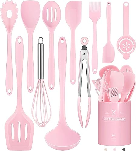 Set di utensili da cucina, 12 pezzi, in silicone, resistenti al calore, con porta utensili, set di utensili da cucina, lavabili in lavastoviglie, colore: rosa