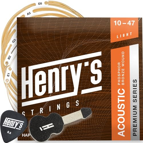 HENRYS® Premium Westerngitarre Saiten 10-47 - Gitarrensaiten Westerngitarre Mit 5 Gitarren Zubehör - String Action Gauge Fret Cloth Plektren Nagelfeile EduPack - Acoustic Guitar Strings Light