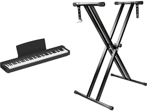 Yamaha P-225 digitalt piano med 88 anslagskänsliga GHC (Graded Hammer Compact) tangenter och 24 instrumentljud, lätt och bärbar design & RockJam KS-001 RJX29 Keybordstativ, Svart, 29-91 cm