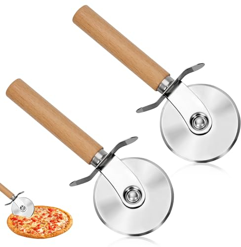 Pizza Cutter Wheel, 2 Pezzi Rotella Tagliapizza in Acciaio Inossidabile Pizza Cutters con Manico in Legno e Lama Affilata Tagliapizza con Protezione delle Dita Multifunzionale