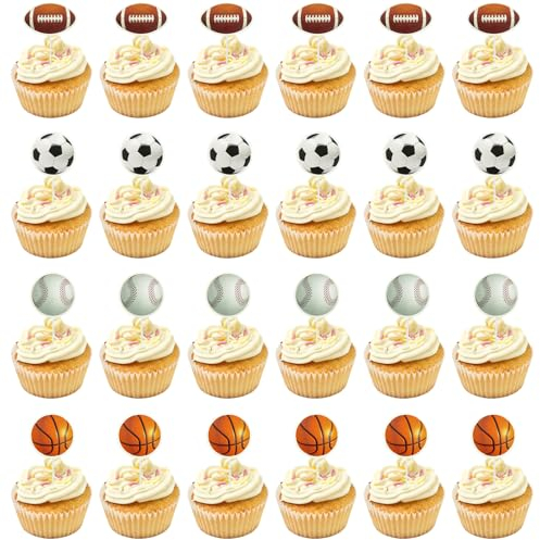 Baskteball Baseball Soccer Rugby Cupcake Topper, Ball Sport Theme Party Cake Decoration(24pcs)