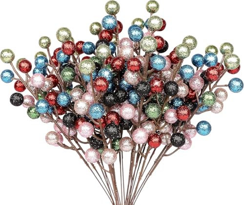 MACTING 24Pack Glitter Bunt Beeren Stiele, Künstliche Holly Beeren Zweige Deko Weihnachten für Christbaumschmuck Weihnachtsdeko Adventskranz Deko Weihnachtsgirlande Türkranz Weihnachten Ornamente