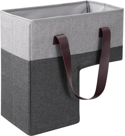 Navaris Cesta per Scale - Cesto Portaoggetti con Manici in Pelle PU - Cestino Portagiochi e Porta Oggetti a Forma di L - Pieghevole Effetto Lino - Grigio