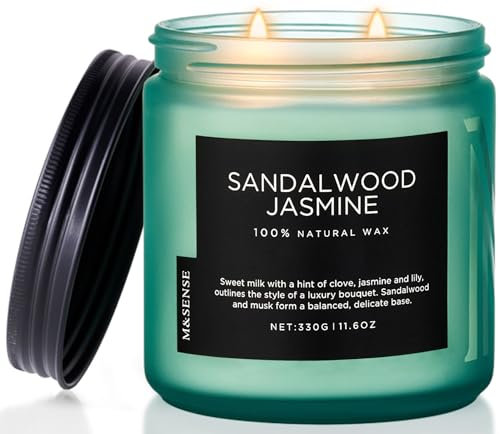 M&SENSE Sandalwood Jasmine Organic Soy Scented Candles Gifts for Men Women 2 Wick 330g 70 Hours Candles for Home Decor Friend Family Non Toxic Aromatherapy Candle for Stress Relief Relaxtion