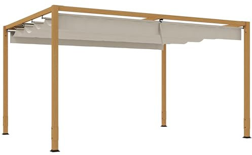 Outsunny Pergola Aluminium Pergola Garten im Freien 4 x 3 m mit versenkbarem Dach, Drainagesystem, Gartenlaube Sonnenschutz für Terrasse Terrasse Veranda, Naturholz