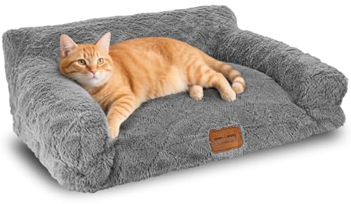 Nobleza Cat Sofa Bed for Indoor Cats, Fluffy PV Cat Couch with Removable Washable Cover, Non-Woven Wrapped Padding, Non-Slip Bottom, Plush Pet Bed for Cats Small Dog Puppy Kitten, 60x45x30cm,Dark Grey