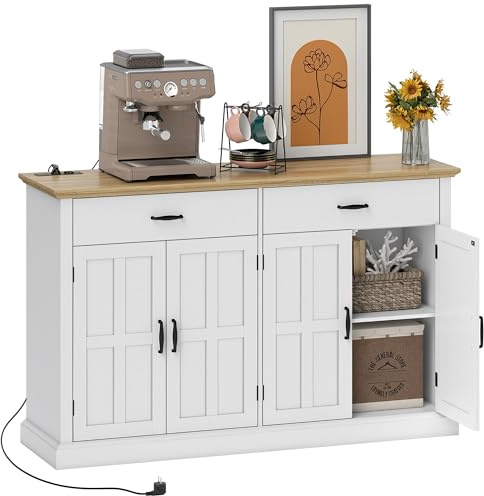 HOMCOM Credenza con porta USB e presa di corrente, mobile contenitore con 2 armadi con ante a battente, 2 cassetti e ripiani regolabili, credenza per sala da pranzo e soggiorno, 140 x 40 x 91,5 cm,