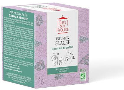 Thés de La Pagode - Infusion Glacée Bio à la menthe et au cassis - Préparation à Froid en 15mn - Boisson Fruitée, sans Sucre Ajouté ni Théine - Agriculture Biologique - 6 Sachets