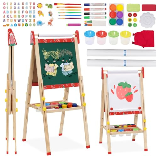 3 in 1 Lavagna per Bambini Cavalletto Pittura a Doppia Faccia con Rotolo di Carta, Altezza Regolabile 95-125cm Lavagna Pieghevole Multiattività con Vassoio di Stoccaggio e 100+ Accessoris da Disegno