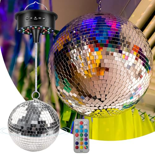 Boule à facettes avec moteur et lumière - 20 cm - Avec moteur rotatif et télécommande - 6 modes de couleur et 30 perles LED - Décoration pour clubs, bars, discothèques et événements