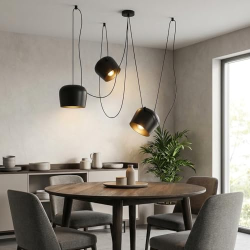 BARCELONA LED Tredubbel Svart Pendellampa med Stor Metallskärm i Järn Industriell Vintage Modern Minimalistisk E27 3 Ljuskällor Justerbar för Matsal Vardagsrum Trappa Taklampa